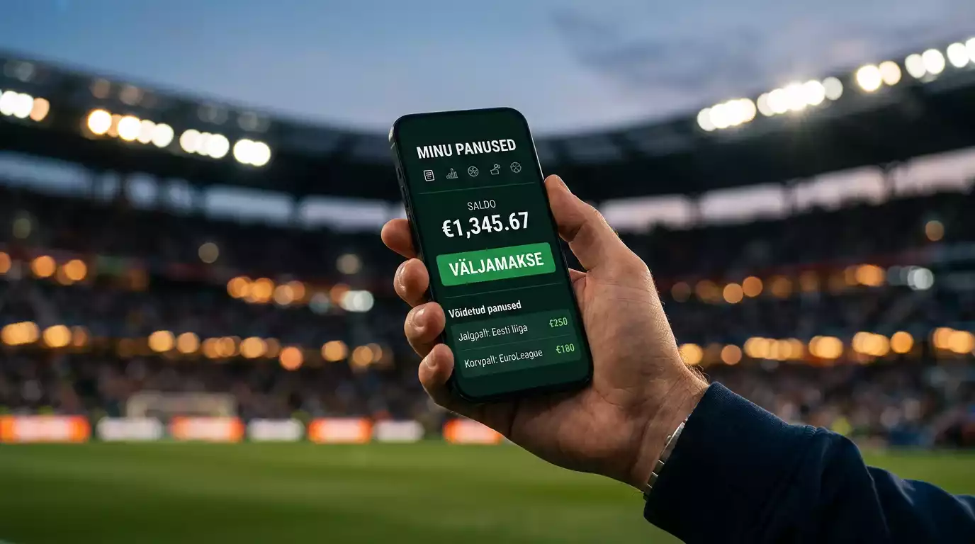 Nutitelefon spordistaadioni taustal panustamisrakendusega