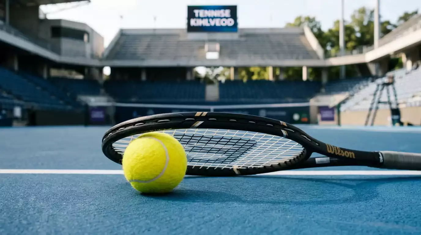 Tennisepall ja reket tenniseväljaku kõvakatte pinnal suure staadioni taustal